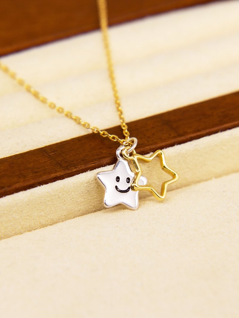 S925笑脸星星双层项链 | 纯银微笑星形颈链 | 笑星星吊坠项链 - 项链 - 其他金属 