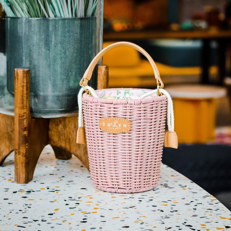 粉红系列 - 迷你小藤篮 - 束口袋双肩包 - 植物．花 粉红色