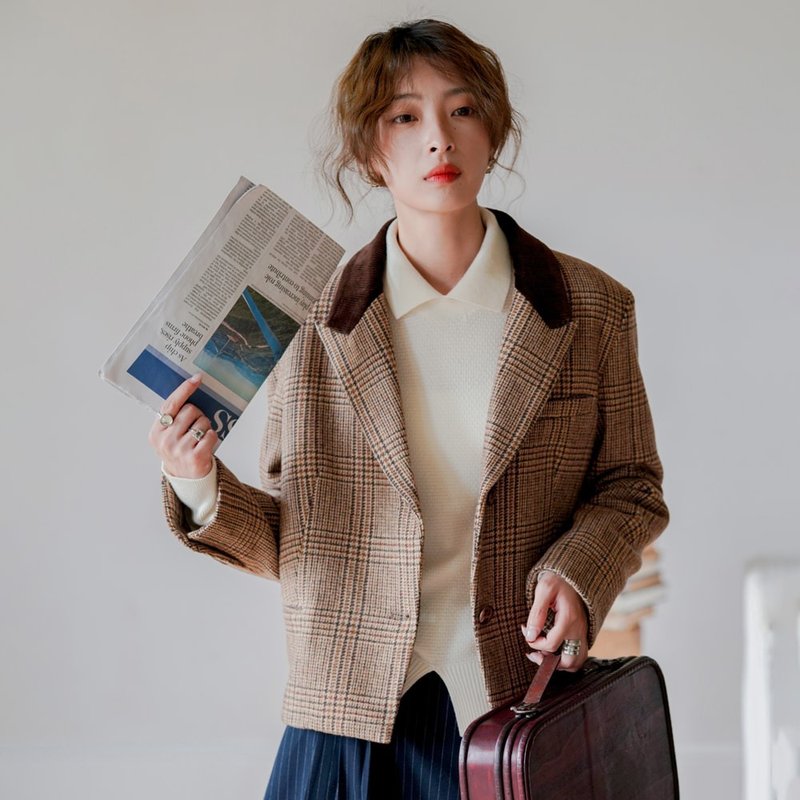 粗花呢格纹西装|外套|秋冬款|羊毛混纺|Sora-1056 - 女装西装外套/风衣 - 羊毛 