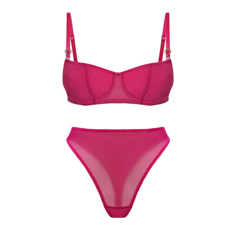 芭比粉色内衣套组 - 可爱内着 - 性感网纱半罩杯胸罩与内裤 - 女士内衣裤 - 聚酯纤维 粉红色