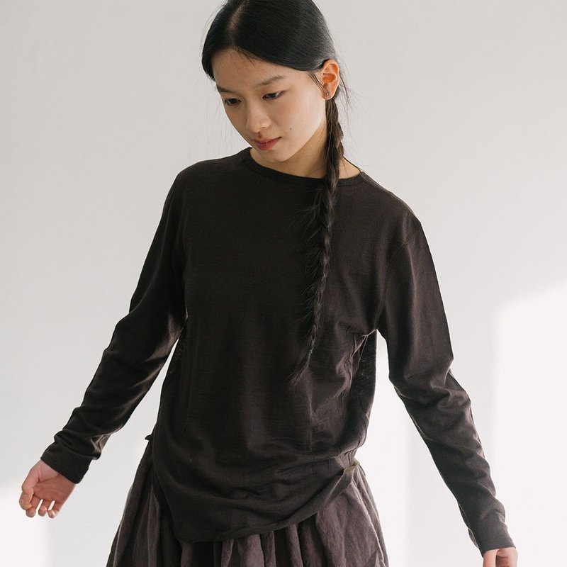 不規則下擺羊毛T恤 / 打底長袖寬鬆款 / 氣質百搭上衣 - 女装上衣 - 羊毛 多色