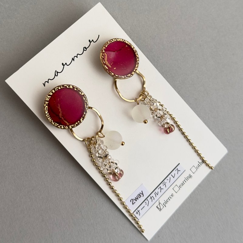 【现货1件】红色 2way 酒精墨水艺术 长款耳环 医疗级不锈钢 金色 独一无二 世界仅有 大尺寸 宝红色 气质 - 耳环/耳夹 - 树脂 红色