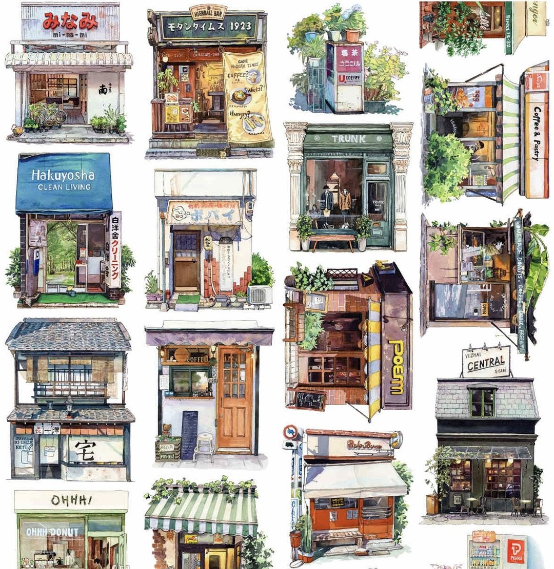 宅家小店 日式街道建築篇 水彩畫造景 PET 和紙膠帶 台灣製 - 纸胶带 - 其他材质 多色