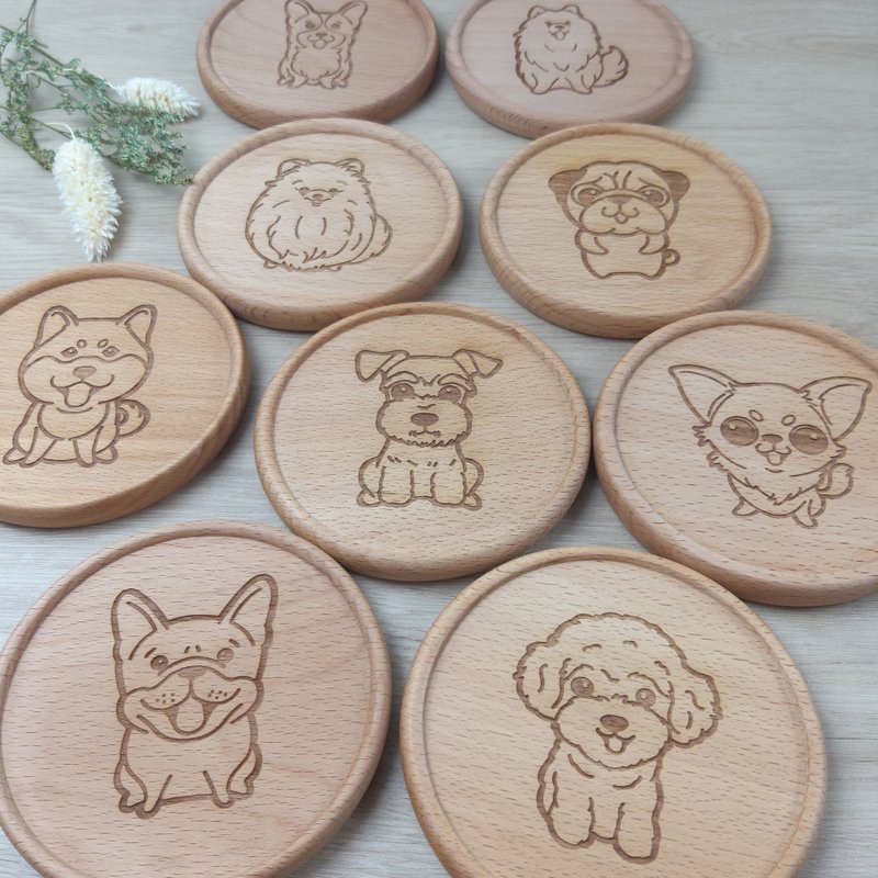 可爱狗狗绘图木杯垫 - 杯垫 - 木头 咖啡色