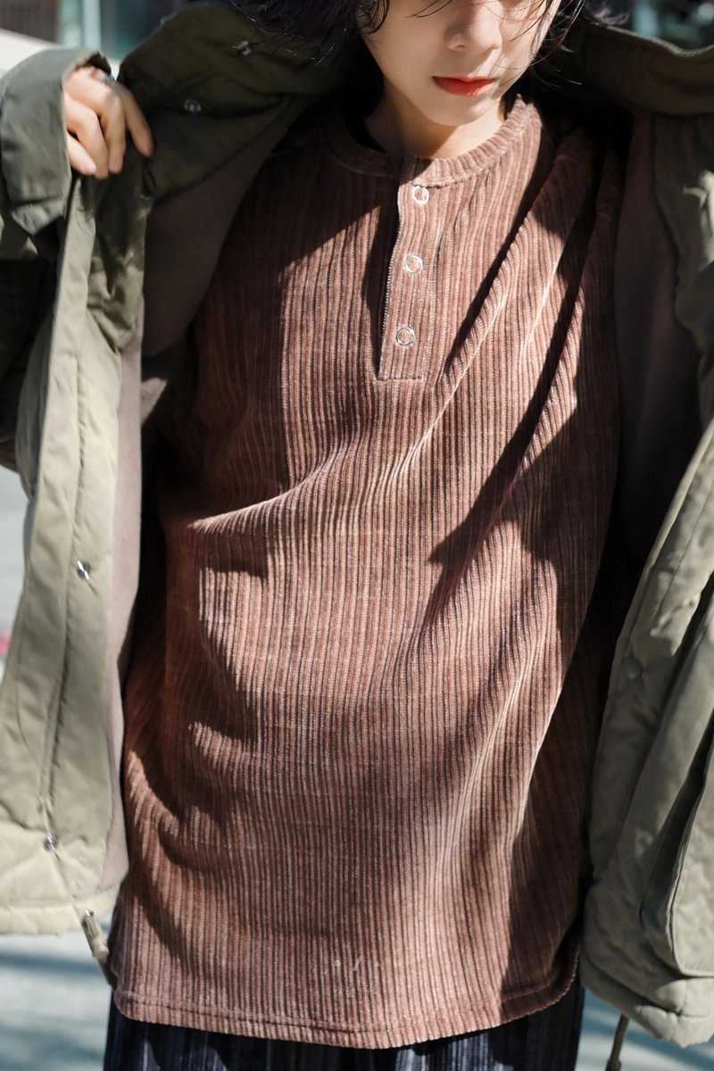 罗伯特灯芯绒三扣圆领薄上衣 - 3色 - 咖灯 - 女装上衣 - 棉．麻 咖啡色