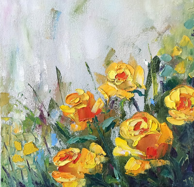 黄玫瑰油画花卉原创艺术玫瑰布面油画 30x30 厘米 - 海报/装饰画/版画 - 其他材质 黄色
