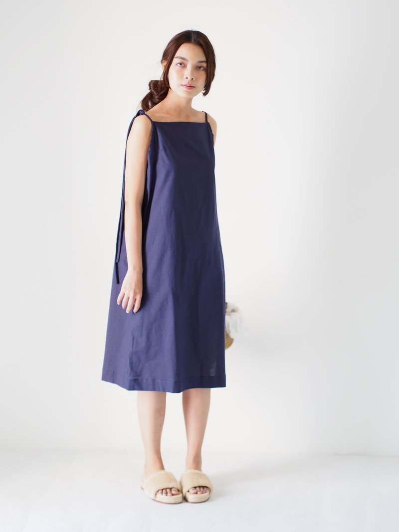 ByTheSea Holiday - Back  Button Dress - Navy - 洋装/连衣裙 - 棉．麻 蓝色