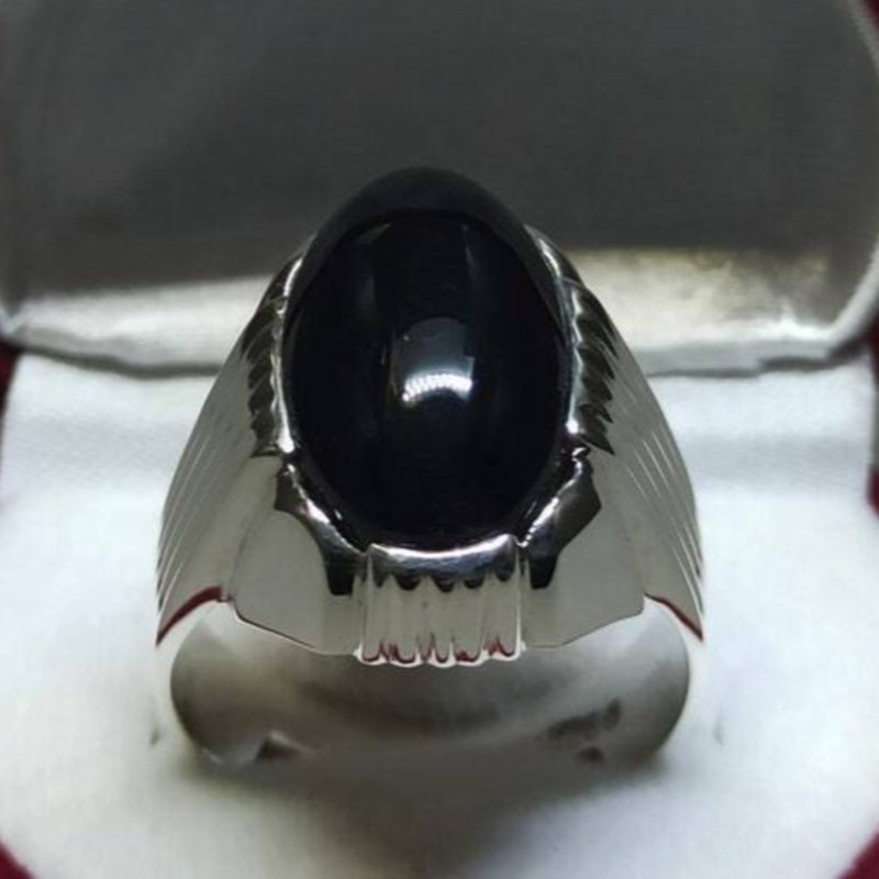 男士天然未加热未处理黑玛瑙戒指 925 纯银玛瑙戒指 - 戒指 - 宝石 黑色