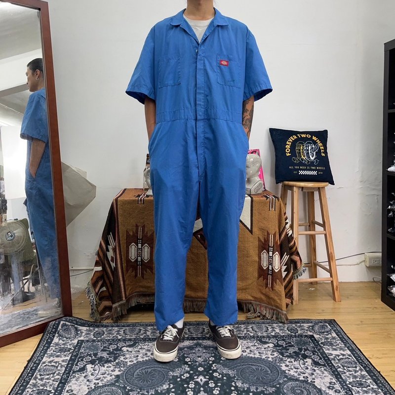 DICKIES 水蓝 短袖 连身工作服 COVERALLS 拉链坏掉 古着 二手 - 男士长裤 - 棉．麻 蓝色