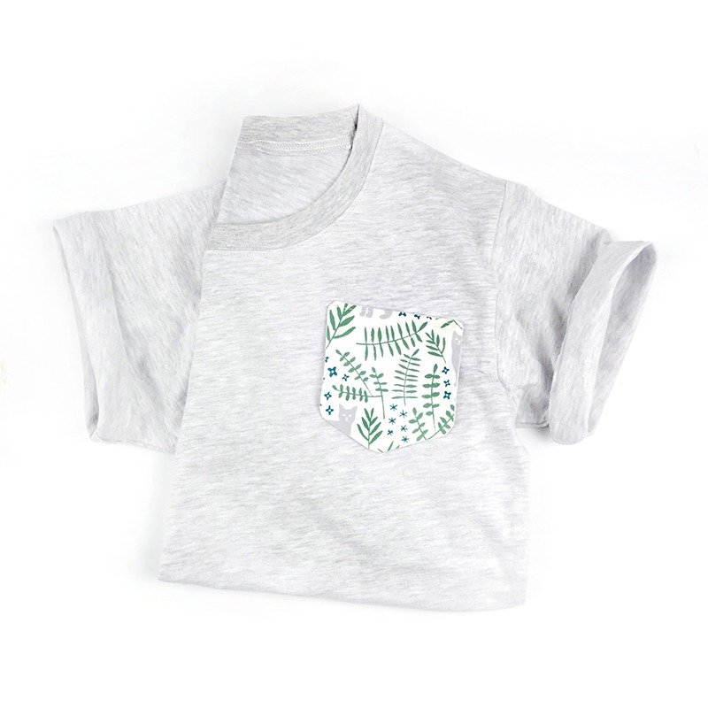 小牛村 中性 纯棉短袖 T-shirt【植物园里的小灰猫】浅麻灰 T-07 - 中性连帽卫衣/T 恤 - 棉．麻 灰色
