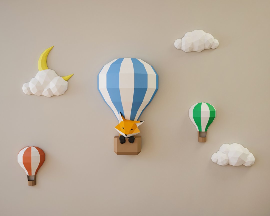 Papercraft Balloons and Clouds, paper craft sky panorama, moon, DIGITAL TEMPLATE - 手工艺教程/工具书 - 其他材质 