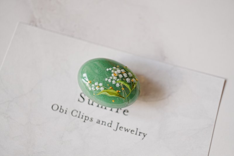 天然石绿东陵玉与铃兰、金箔的腰带扣 发簪钩 胸针 铃兰 - 其他 - 宝石 绿色