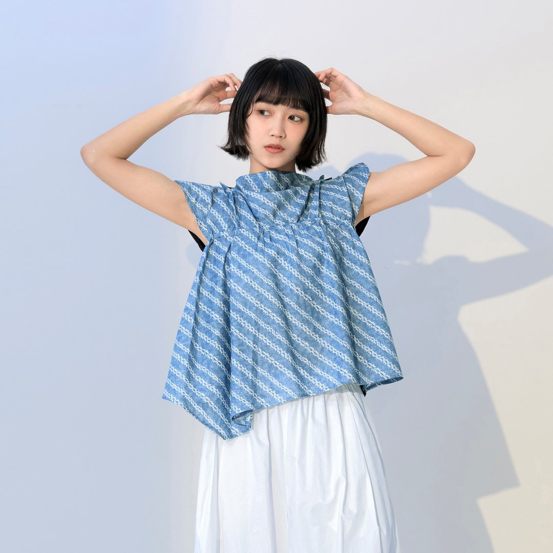 印花拼接不对称上衣 - 女装上衣 - 棉 蓝色