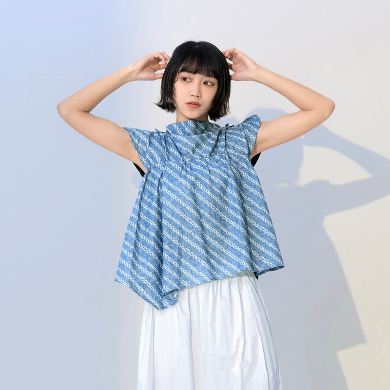 印花拼接不对称上衣 - 女装上衣 - 棉．麻 蓝色