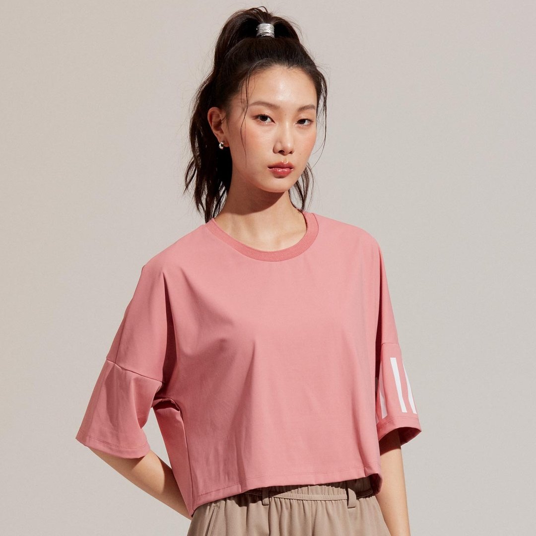 不可退换 /圆领落肩短版上衣-玫瑰 - 女装 T 恤 - 尼龙 粉红色