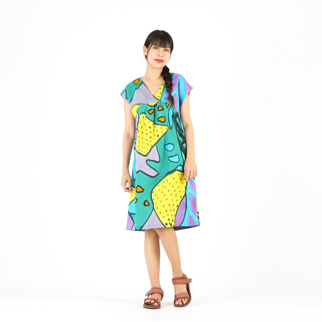 Short Dress V Nack Linen Hand Paint Free Size - 洋装/连衣裙 - 棉 绿色