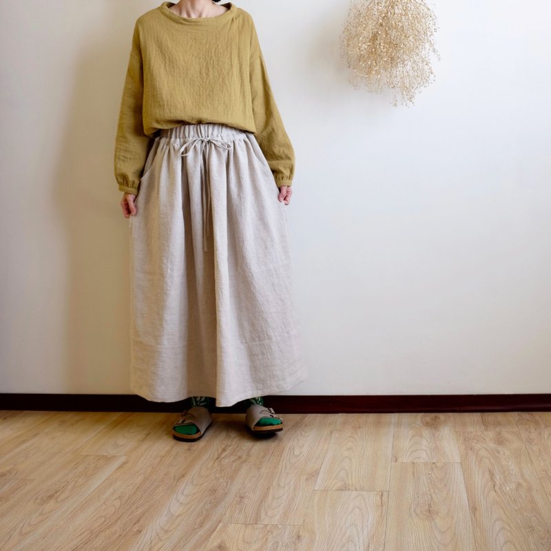 日常手作服 自然亚麻色绑带皱皱长裙 亚麻羊毛 - 裙子 - 棉．麻 卡其色