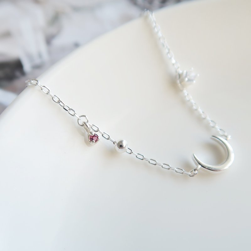 925纯银 玫瑰石榴石 月亮 星星 小钻 定制化刻字 手链 免费包装 - 手链/手环 - 纯银 紫色