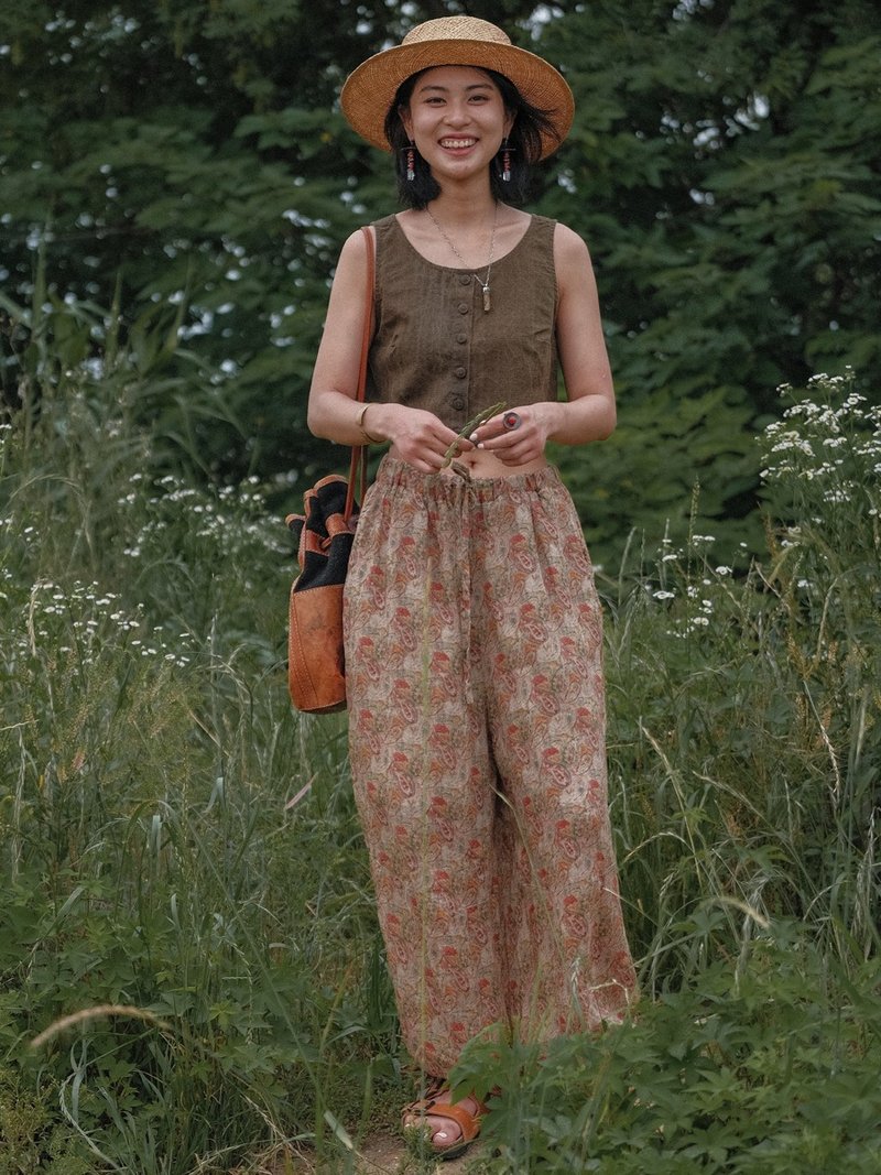 風吹花曳 苧麻印花田園風寬鬆長褲 松緊腰系帶寬褲 - 女装长裤 - 棉．麻 咖啡色