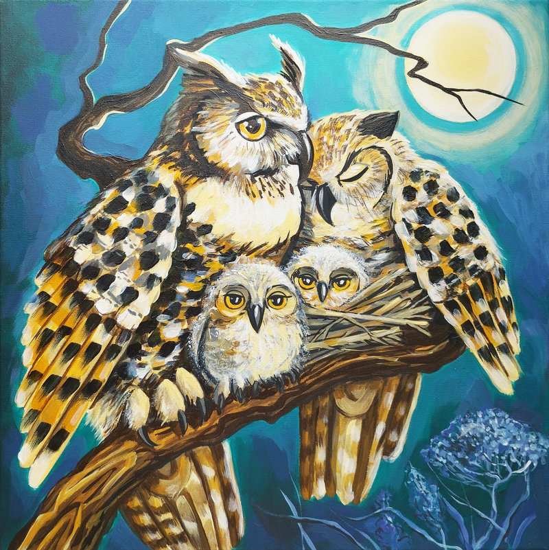 The painting with birds Family of Owls acrylic on canvas original art animal art - 墙贴/壁贴 - 其他材质 蓝色