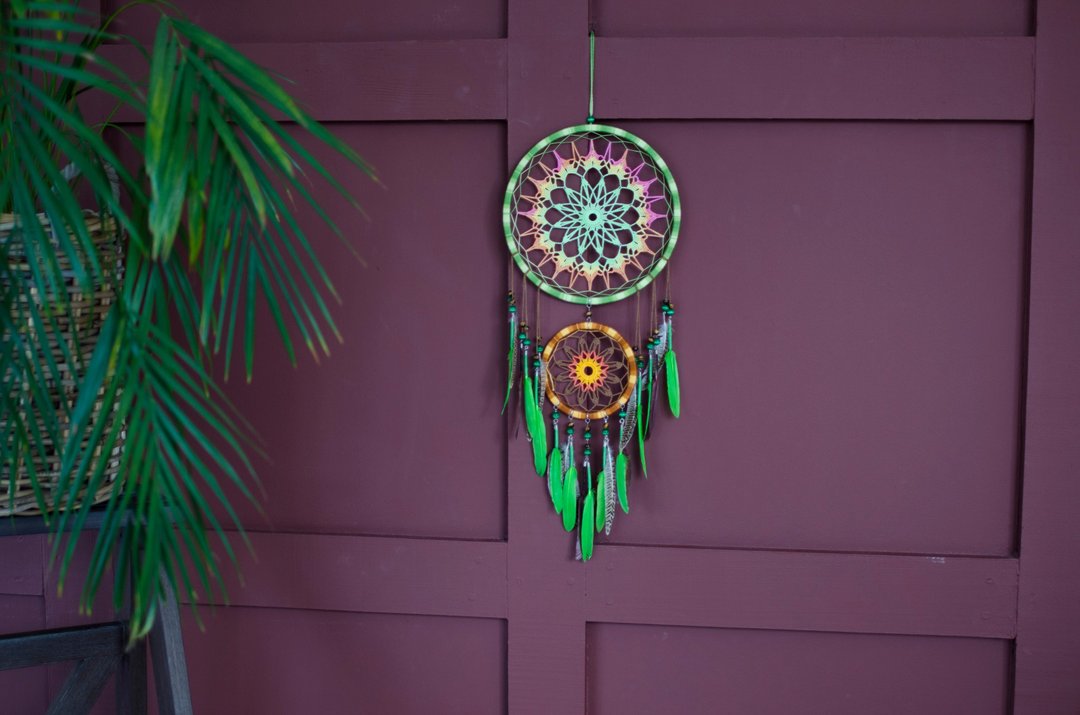 Large Green Boho Mandala dream catcher Crochet doily wall decor Bohemian bedroom - 墙贴/壁贴 - 绣线 绿色