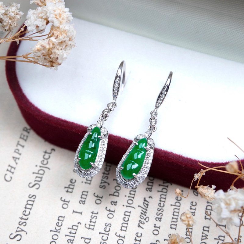 冰种老坑绿翡翠福豆耳环 18K金钻石 | 天然缅甸玉A货翡翠 | 送礼 - 耳环/耳夹 - 玉石 绿色