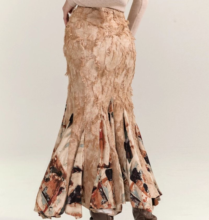 国潮 氛围感拼接鱼尾裙中长裙宽松 - 裙子 - 其他材质 卡其色