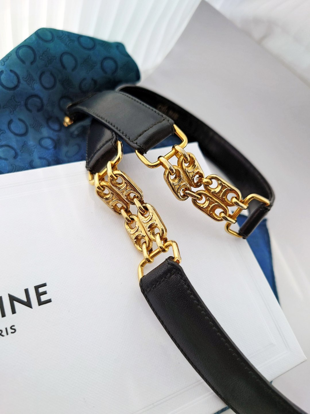 中古孤品 CELINE 凯旋门 金链条 黑金腰链 腰带皮带 belt 65码 - 皮带/腰带 - 真皮 黑色