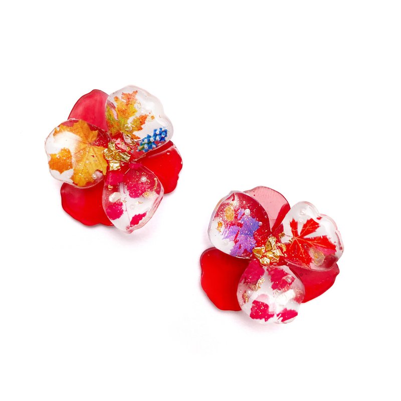 日本树脂秋叶红花朵耳环 - 耳环/耳夹 - 树脂 红色