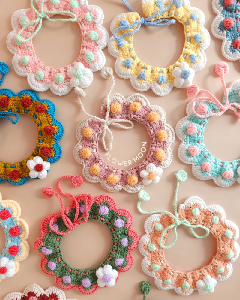 钩针宠物项圈以满月为造型，点缀着钩针编织的花朵。 - 衣/帽 - 棉．麻 