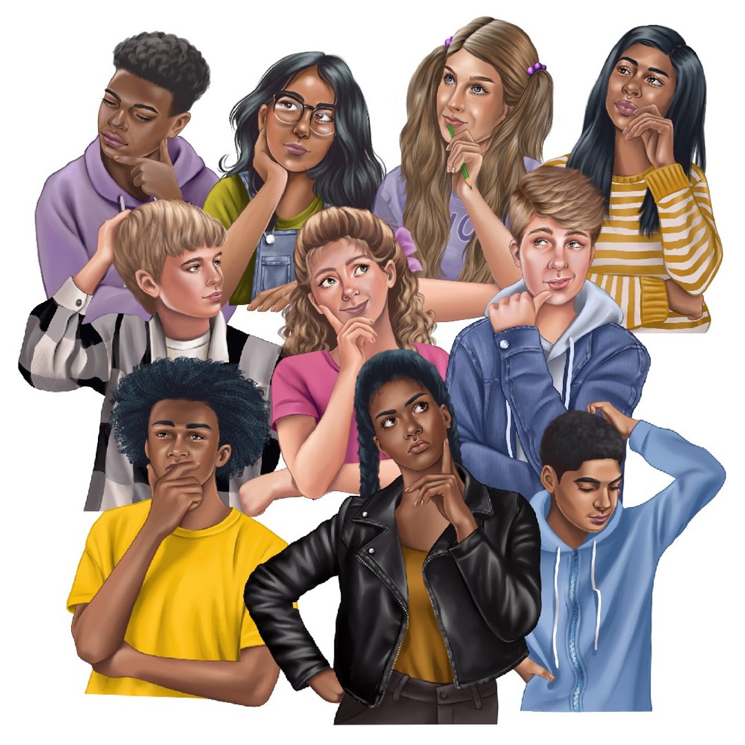 High School Teens Thinking - 电子手绘真人画像/绘画/插画 - 其他材质 
