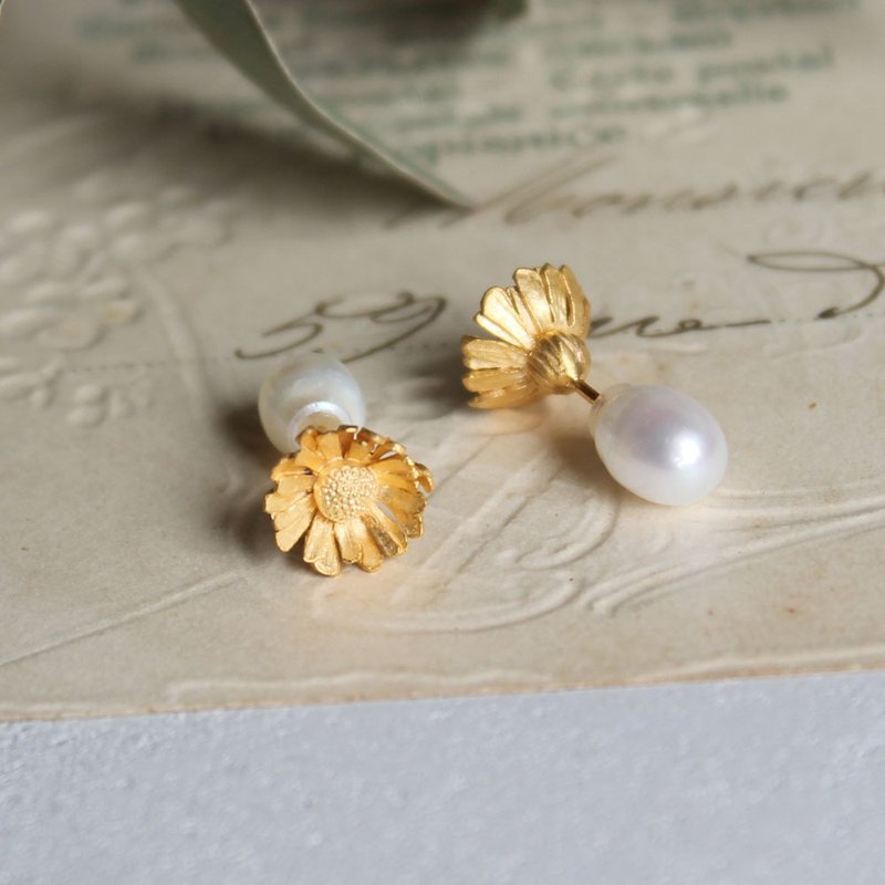 大花金盏菊耳环 - 耳环/耳夹 - 纯银 金色