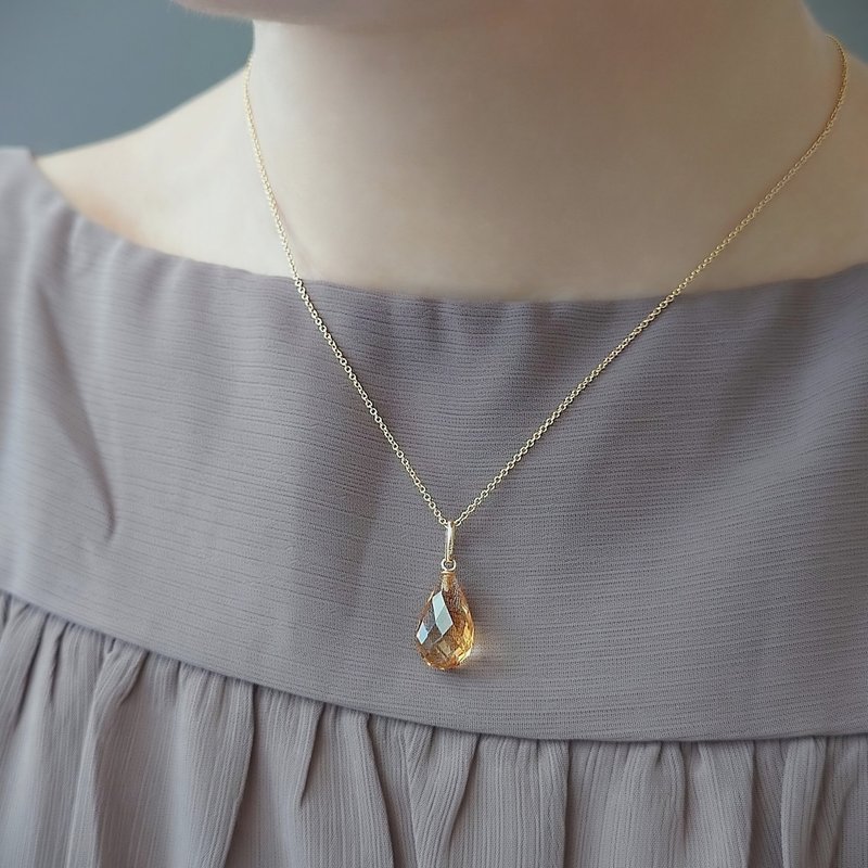 限量现货- 天然黄水晶 梨形切割 古董纯 14K 金坠 | 14Kgf 包金链 - 项链 - 半宝石 黄色