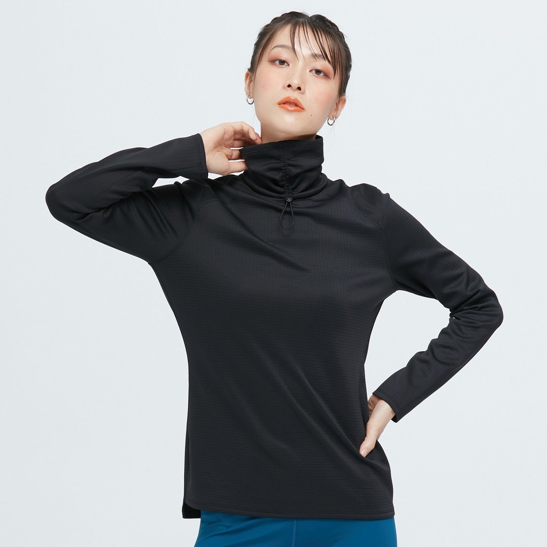 抽绳高领透气上衣(女)-隧海黑 - 女装上衣 - 聚酯纤维 黑色