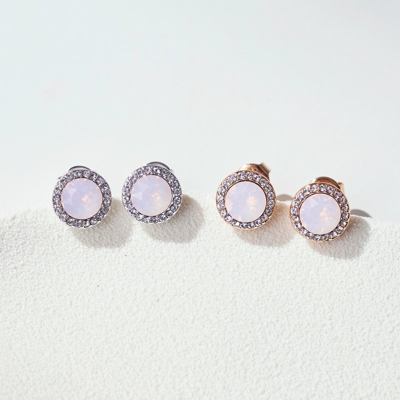 圆形微奢晶钻耳环 (梦幻粉共两色) - 耳环/耳夹 - 铜/黄铜 