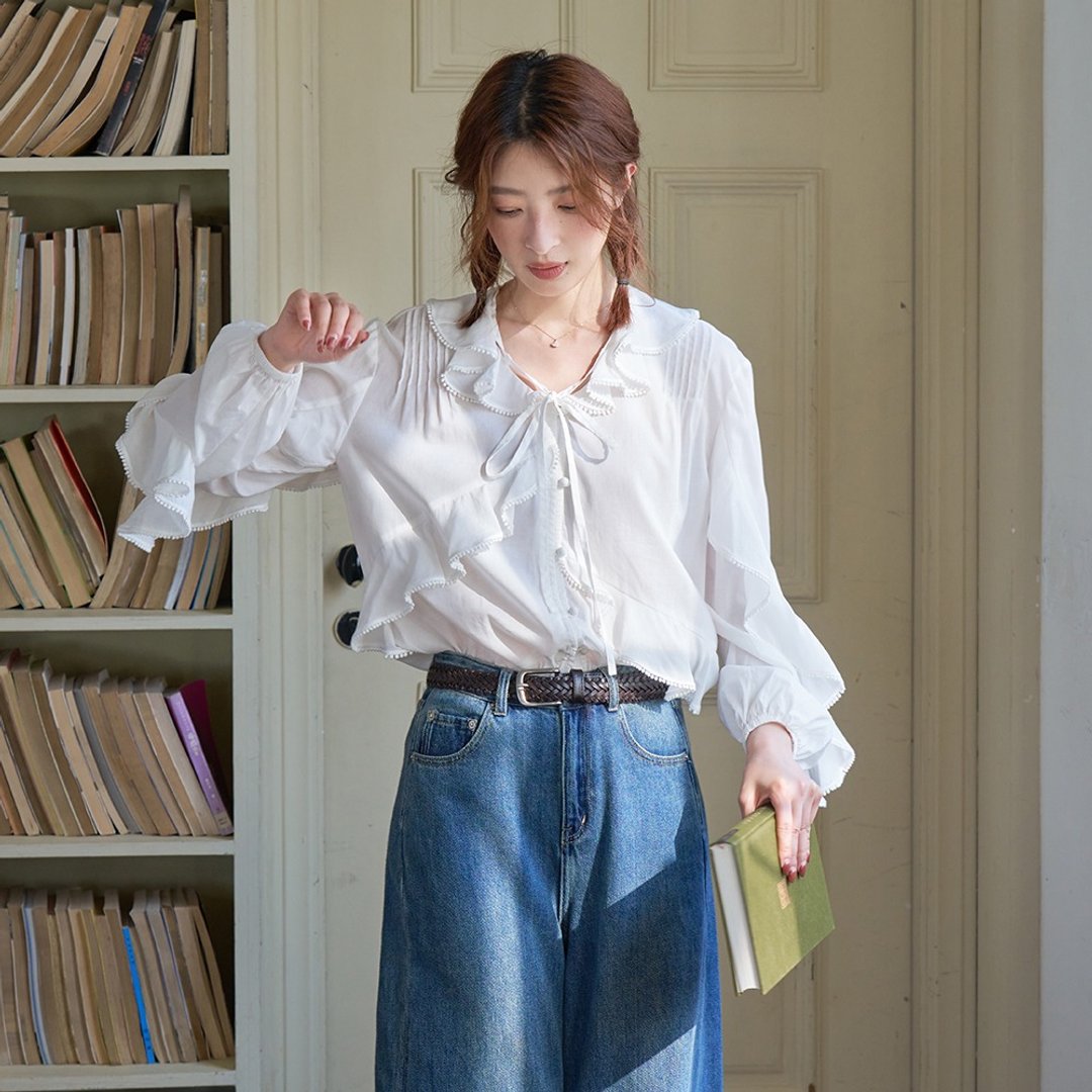 荷叶花边白衬衫|衬衫|夏秋款|Sora-1875 - 女装衬衫 - 棉 白色