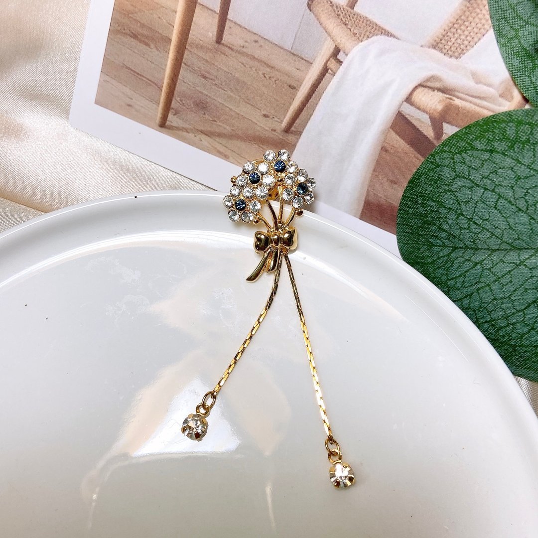 【西洋古董饰品】极致闪耀小花束别致莱茵钻 摆动蝴蝶结别针胸针 - 徽章/别针 - 贵金属 金色