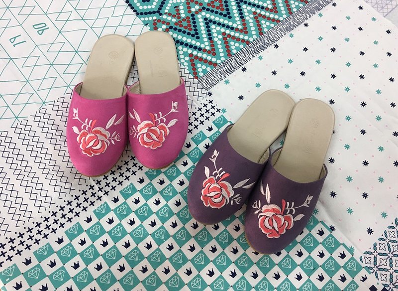室内拖鞋- 玫瑰花(紫色) - 室内拖鞋 - 棉．麻 紫色