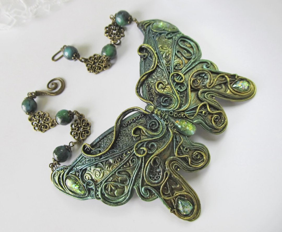 Big Butterfly necklace Green choker Wing necklace Fantastic Pendant insects gift - 项链 - 粘土 绿色