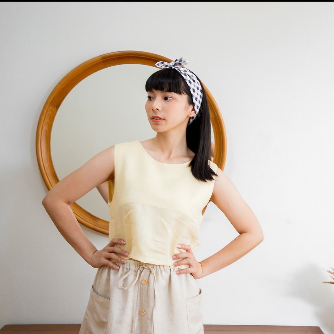 Linen Tiny Tank Top - Pastel Yellow - 女装上衣 - 棉 黄色