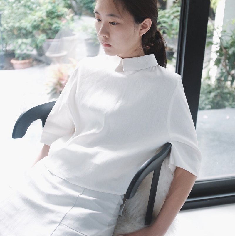 前后两穿收腰绑带上衣-白色 - 女装上衣 - 棉．麻 白色