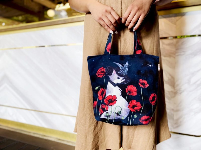 帆布小提袋 | 小餐袋 | 拉链款 | 可水洗 - 罂粟美人猫 - 手提包/手提袋 - 棉．麻 黑色