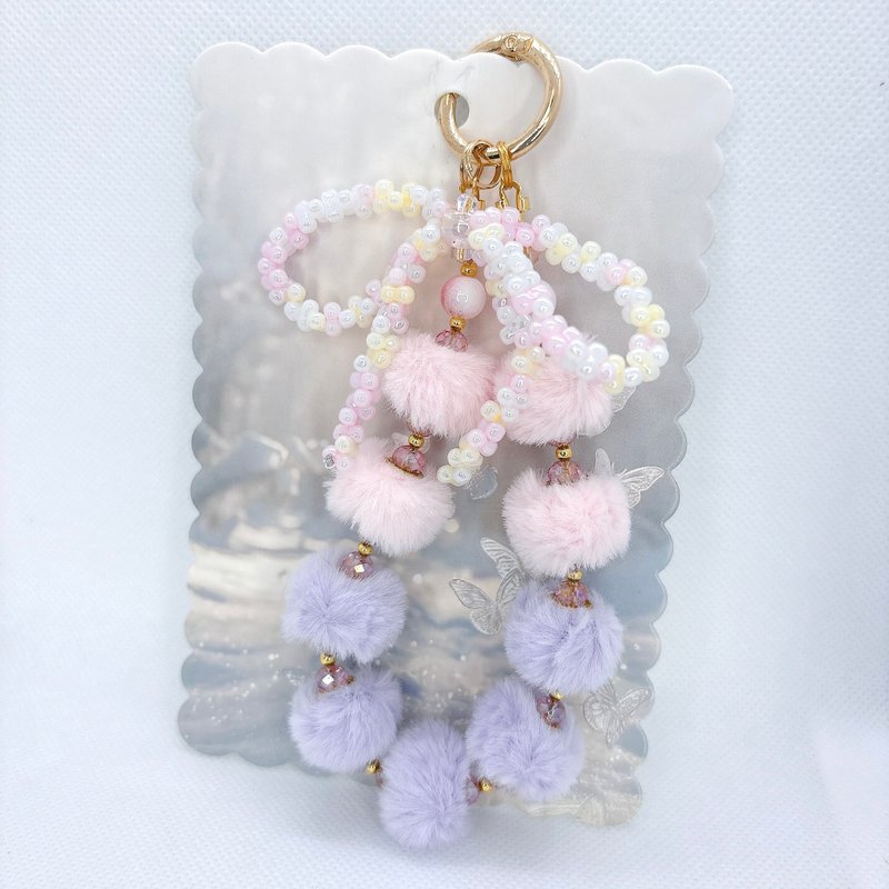 Rom828串珠手机链-秋冬毛球粉紫 - 吊饰 - 其他材质 