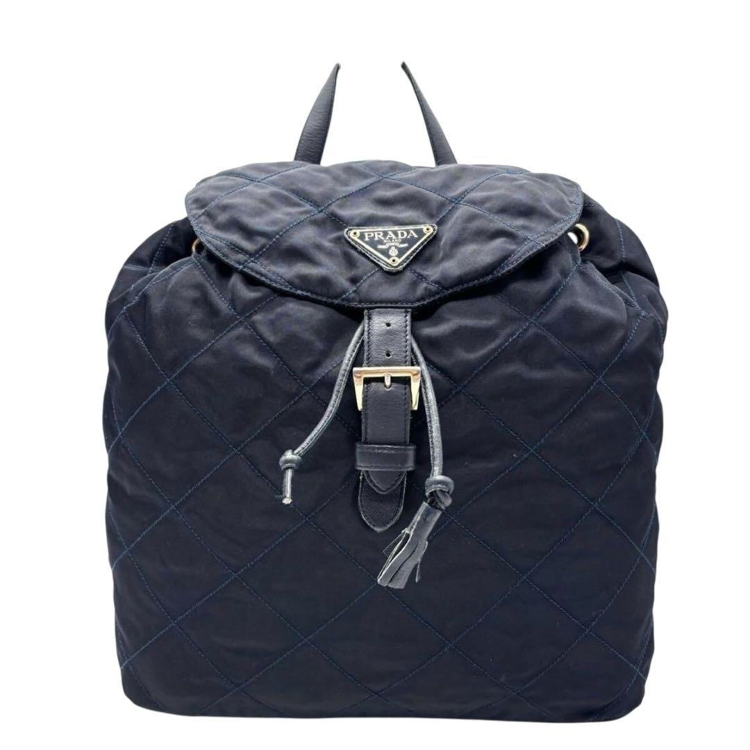 绝版古董包 Prada 黑蓝外缝格纹流苏双肩包 后背包 中古包 二手包 - 后背包/双肩包 - 防水材质 黑色