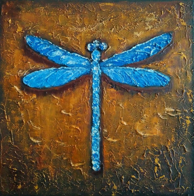 Blue Dragonfly Original Painting, Insect Wall Art, Texture Artwork, 手工油畫, 油畫原作 - 海报/装饰画/版画 - 其他材质 多色