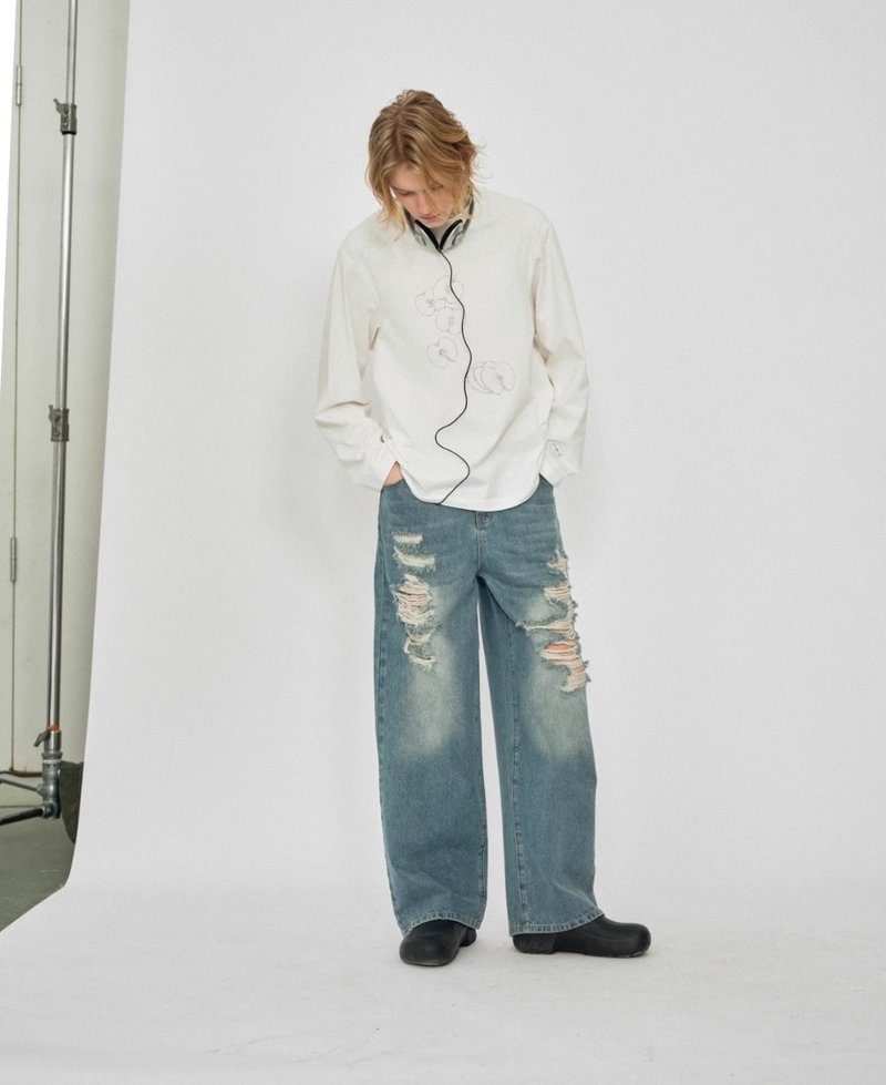 日系复古 不规则破洞牛仔裤 - 男士长裤 - 其他材质 蓝色