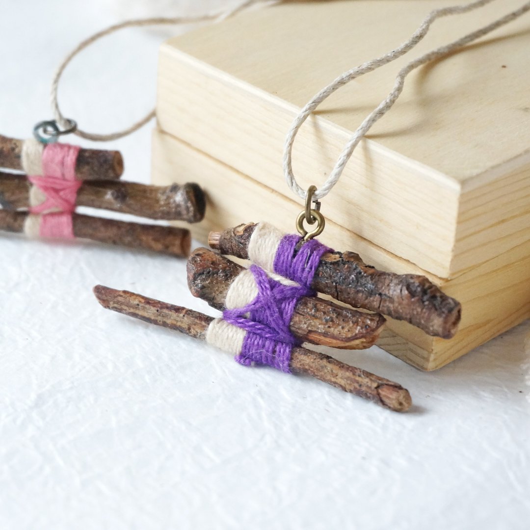 木质 树枝 自然 手工项链 颈链 Upcycling 升级再造 环保 - 米、紫 - 颈链 - 木头 紫色