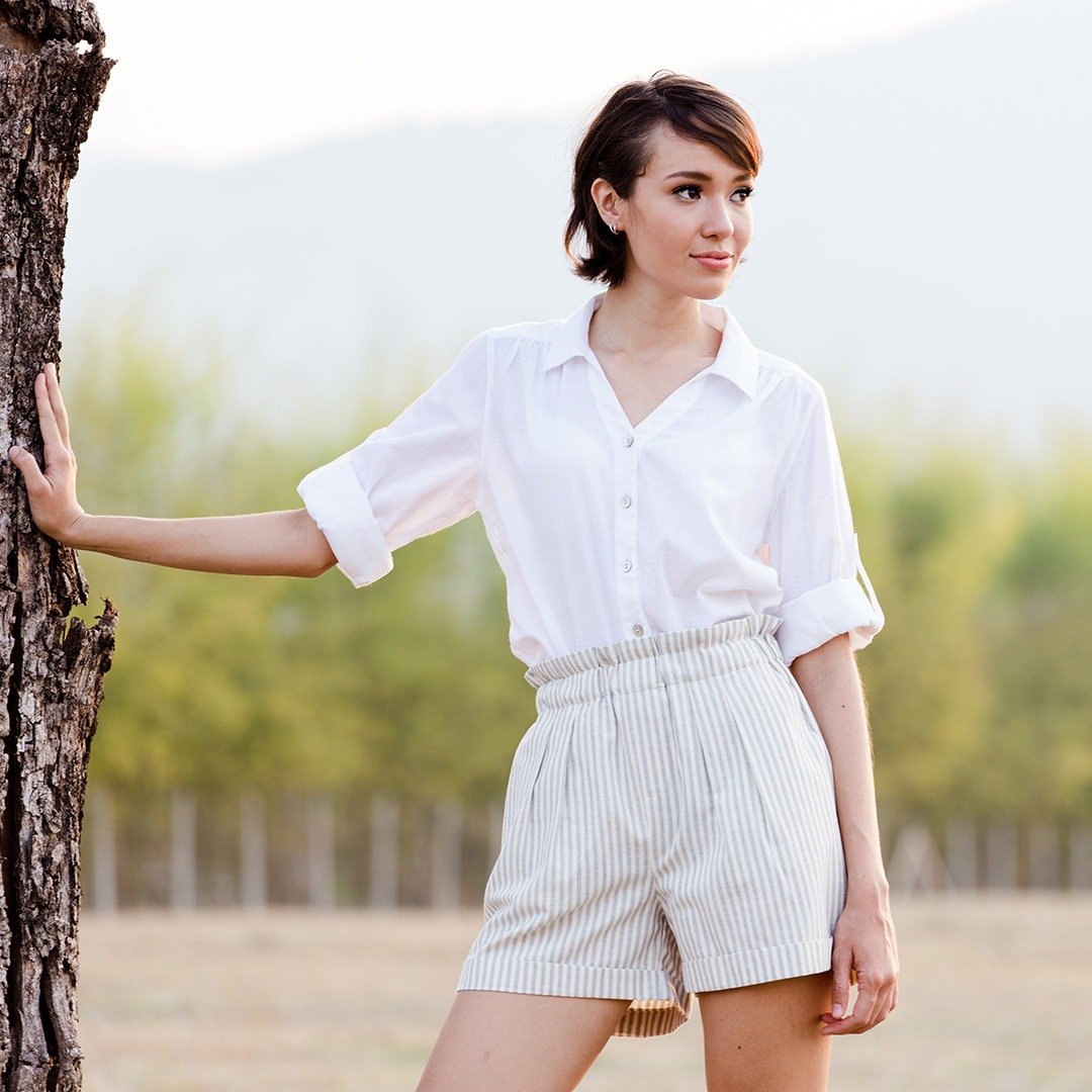 Cotton Stripe Shorts, Grey, Ivy - 背带裤/连体裤 - 棉．麻 灰色