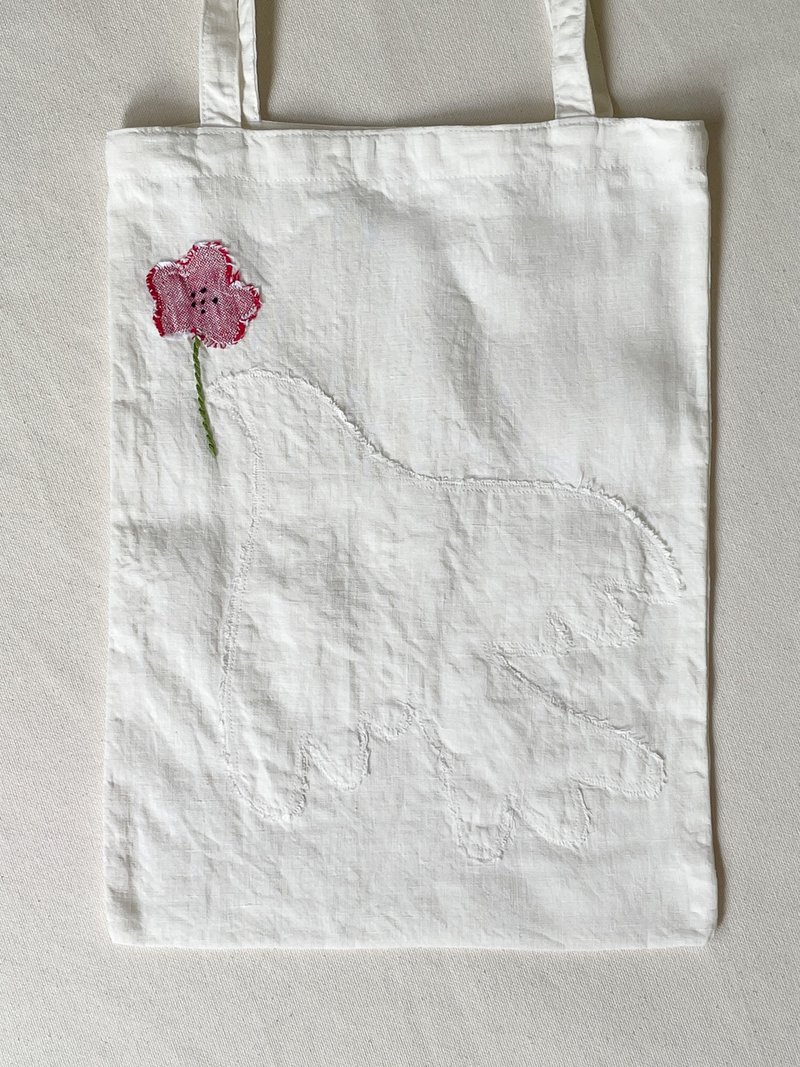 日本制造 柔软法式亚麻托特包 再生逸品 鸽子与花 - 手提包/手提袋 - 棉．麻 白色