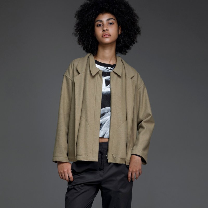 叠穿感双层衣襟羊毛外套 - 女装休闲/机能外套 - 羊毛 卡其色